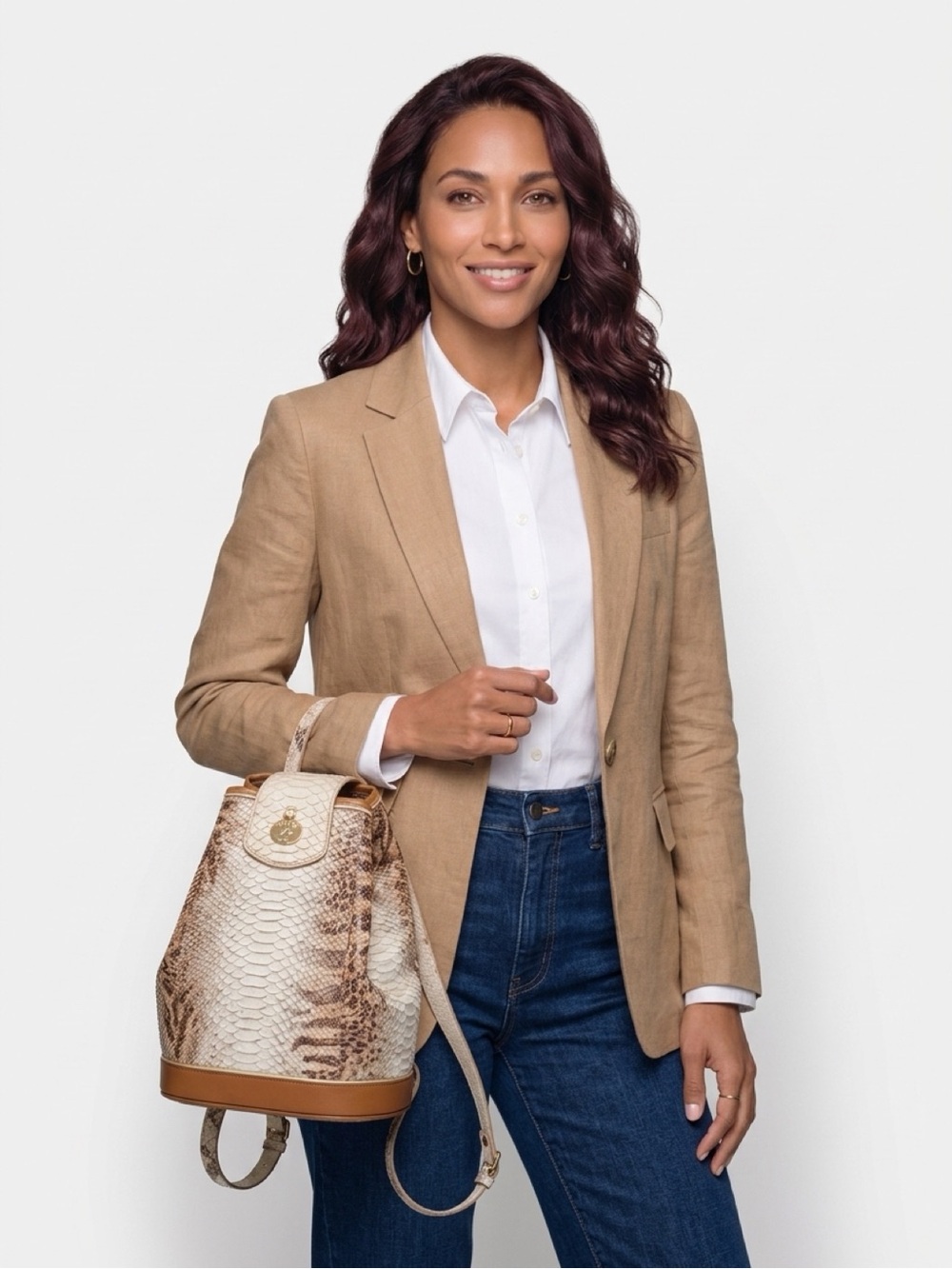 Brahmin like new Leather Snake-Print Bucket Bag in Cream and Brown